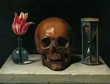 Painting of a flower, a skull and an hourglass