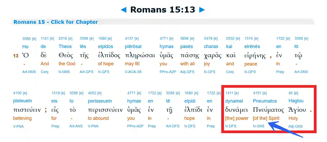 screenshot van de vervalsing van Romeinen 15: 13 in een Grieks interlineair