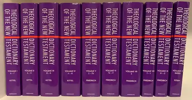 Image de l'ensemble de 10 volumes du Dictionnaire théologique du Nouveau Testament par Gerhard Kittel.