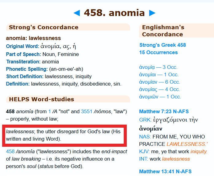 Screenshot vum I Timothy 1: 9: Definitioun vu Gesetzeslosegkeet.