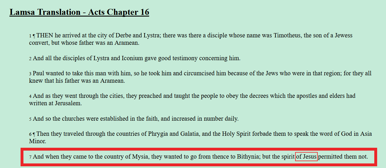 Screenshot vun den Akten 16: 7 aus der Lamsa Bibel iwwersat aus dem 5. Joerhonnert Aramäesche Peshita Text