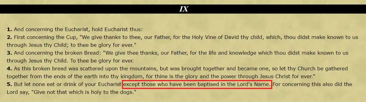 Schermafbeelding van de Didache, hoofdstuk 9 waar de Didache zich tegen de doop tegenstrijdigt.