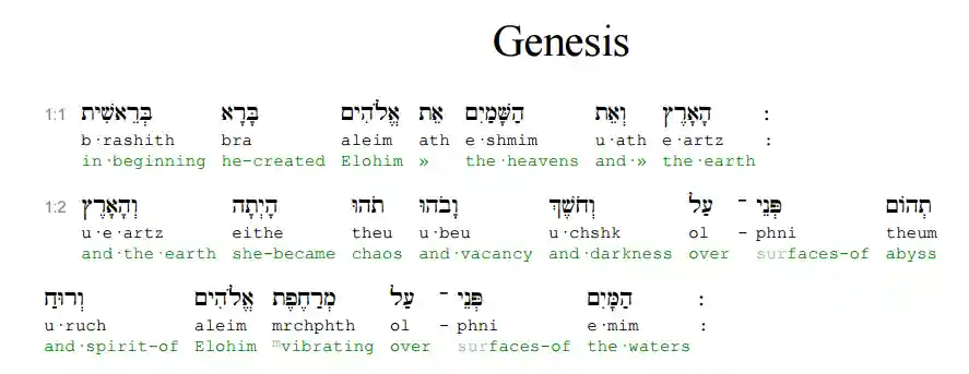 Screenshot of Hebrew Interlinear bible: Genesis 1:1 & 2