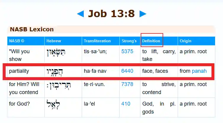 screenshot of Job 13:8 in a Hebrew lexicon.