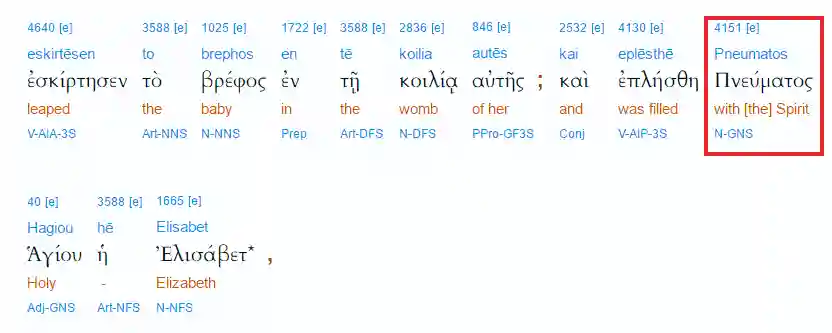 Luke 1: 41 vervalsing - screenshot van de Griekse interlineaire