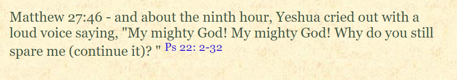 screenshot of the Africaans Peshitta text, which renders Matthew 27:46 like this: and about the ninth hour, Yeshua cried out with a loud voice saying, My mighty God! My mighty God! Why do you still spare me (continue it)?