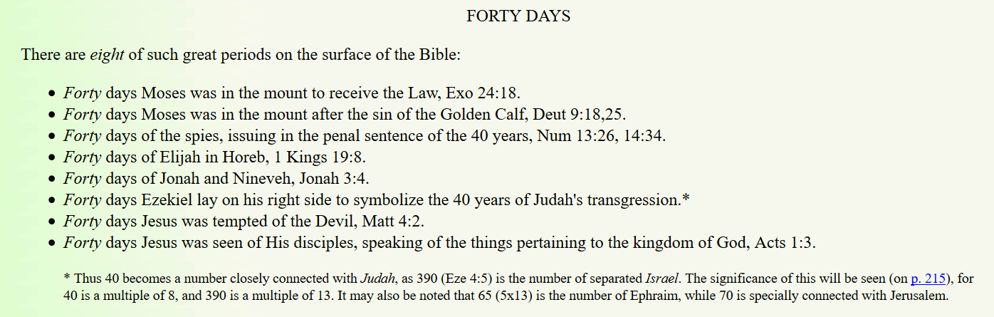 screenshot van het nummer van EW Bullinger in de Schrift over de bijbelse betekenis van het getal 40: veertig dagen.