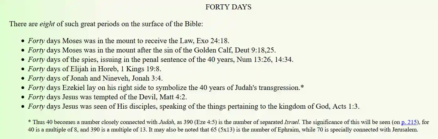 screenshot of E.W. Bullinger's number in scripture on the biblical significance of the number 40: forty days.