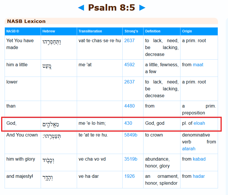 screenshot of Hebrew Lexicon of Psalms 8:5