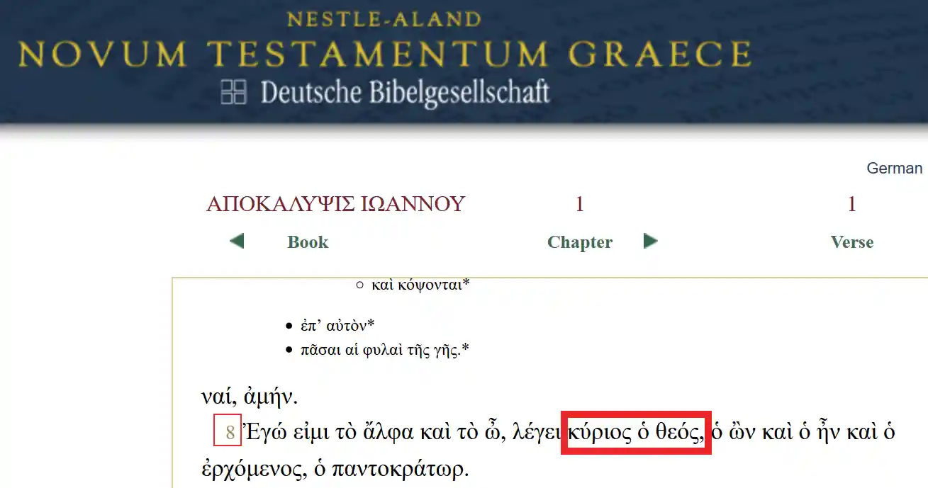 screenshot van Openbaring 1: 8 uit de Griekse tekst Nestle-aland, 28e editie.