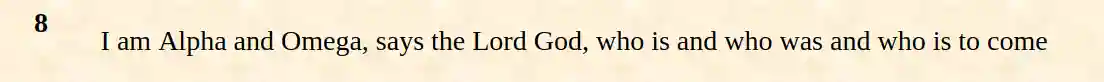 snimak teksta latinskog Vulgata iz Svetog Jeronima iz 405.A.D., koji prikazuje reč * Bog * u Otkrivenju 1: 8, otkrivajući krivotvorinu krivičnih dela koja postoji u mnogim našim modernim biblijama.