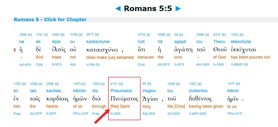 screenshot van de vervalsing van Romeinen 5: 5 in een Grieks interlineair