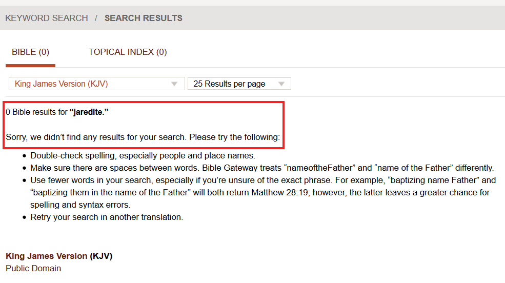 screenshot of search result for jaredite at www.biblegateway.com