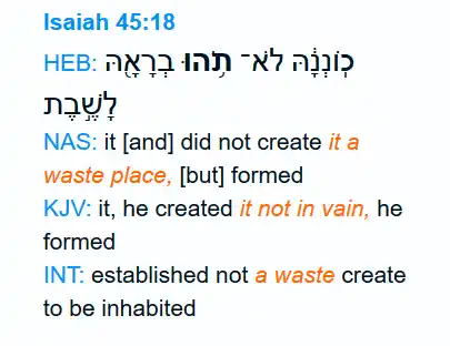 screenshot of a Hebrew concordance of Isaiah 45:18 and the notes on Genesis 1:2