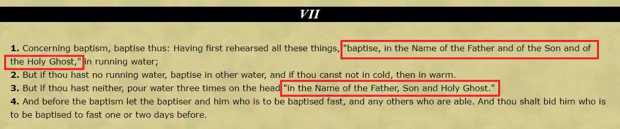 Screenshot vum Didache, Kapitel 7 wou d'Fälscherei vum Matthew 28: 19 kënnt aus.